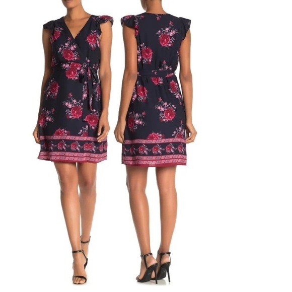 NWT Collective Concept (Nordstrom) Flutter Faux Wrap Dress Small Navy Floral - Picture 2 of 13